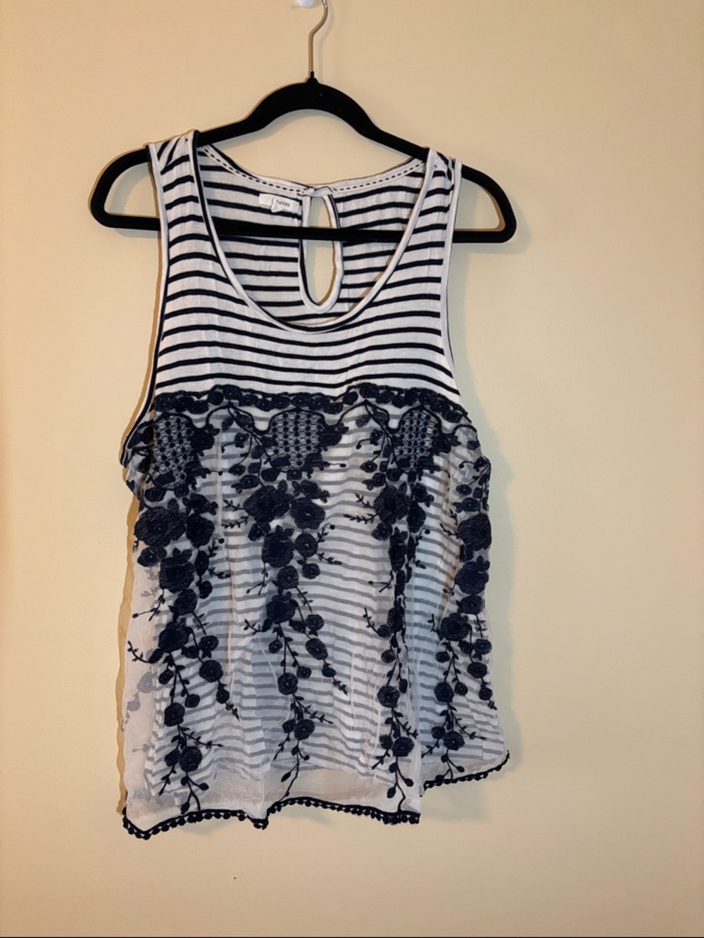 Maurices Navy & White Striped Tank with Floral Lace Overlay